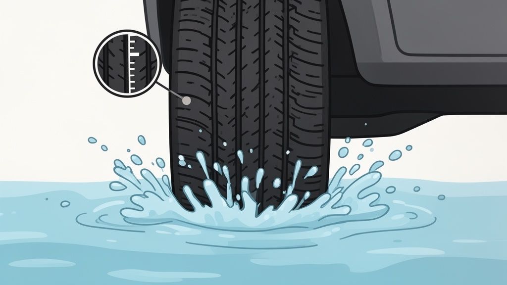 A car tire splashes through a puddle, with an inset showing a tire tread depth gauge.