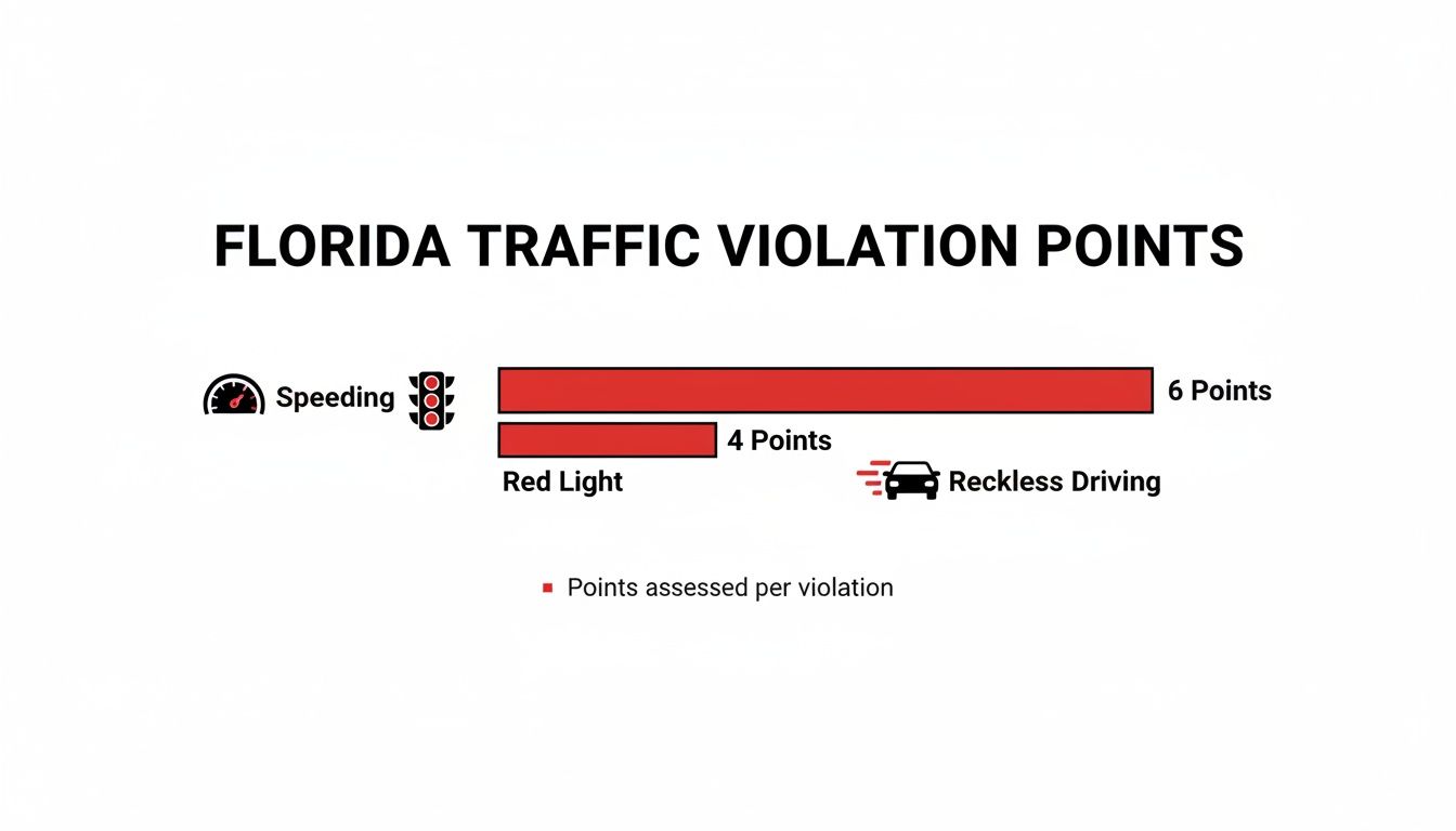 Chart showing Florida traffic violation points: speeding (6 points), red light (4 points), and reckless driving.
