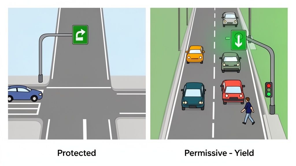 Two illustrations comparing protected and permissive left turns at intersections with traffic signals.
