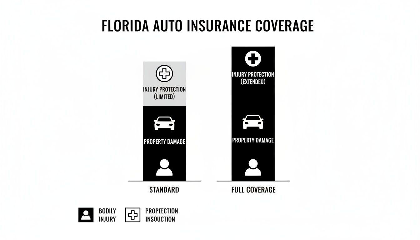 Infographic comparing Florida auto insurance: Standard vs. Full Coverage, showing injury, property, and bodily injury protections.