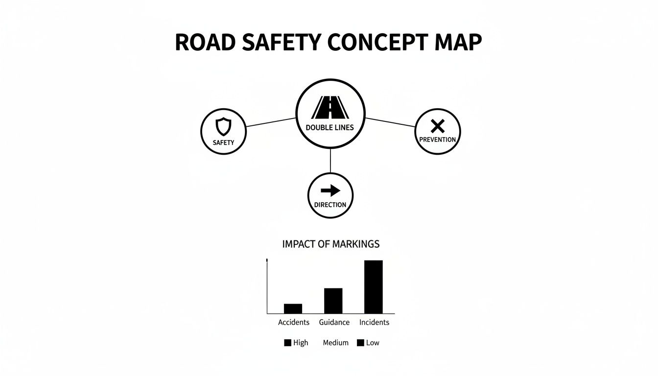 Road safety concept map centered on double lines, linking to safety, prevention, and direction, with a bar chart on marking impact.