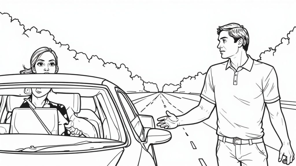 A driving examiner in a car, looking forward while a new driver holds the steering wheel