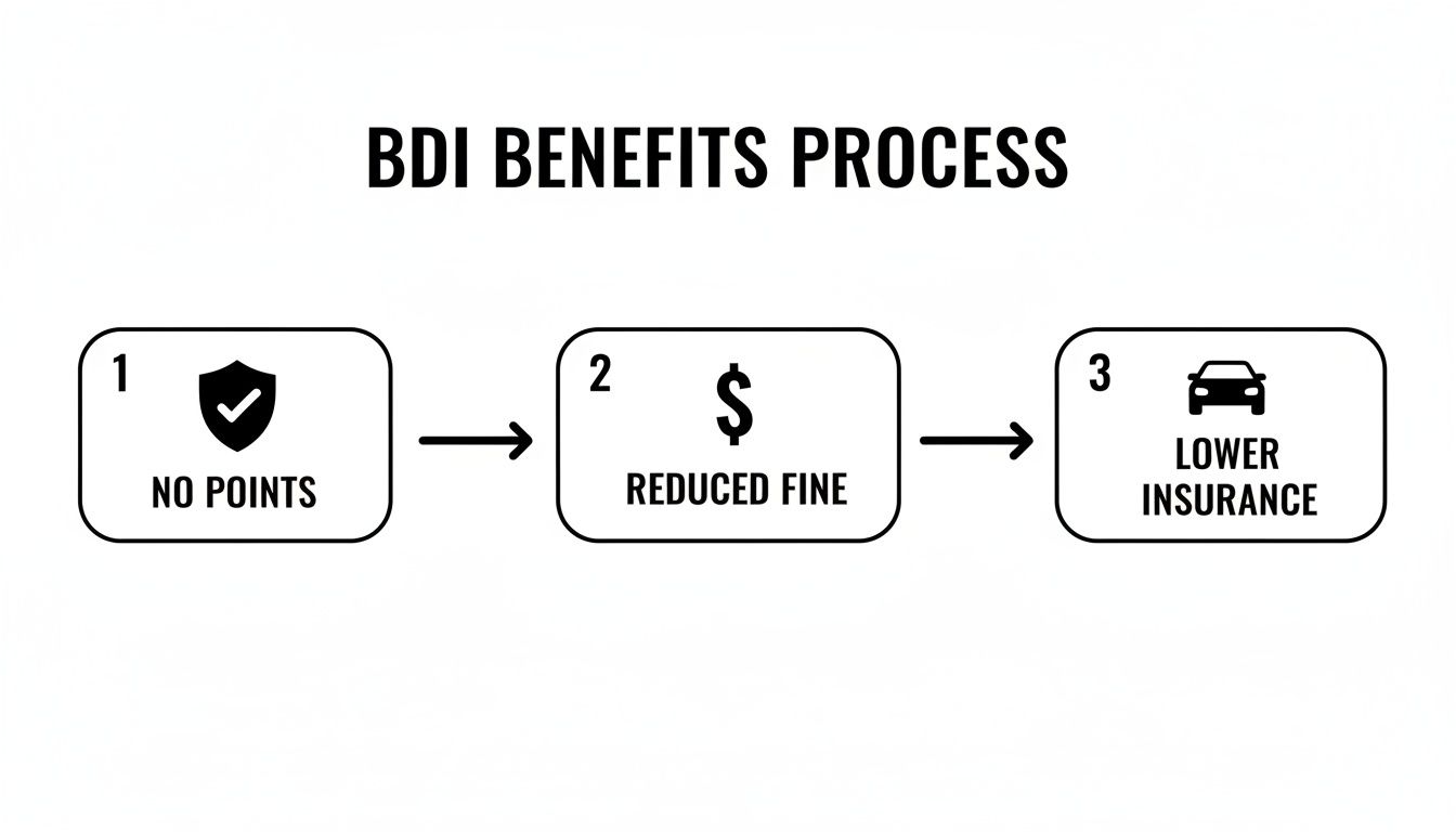 A flowchart detailing the BDI benefits process: no points, reduced fine, and lower insurance.