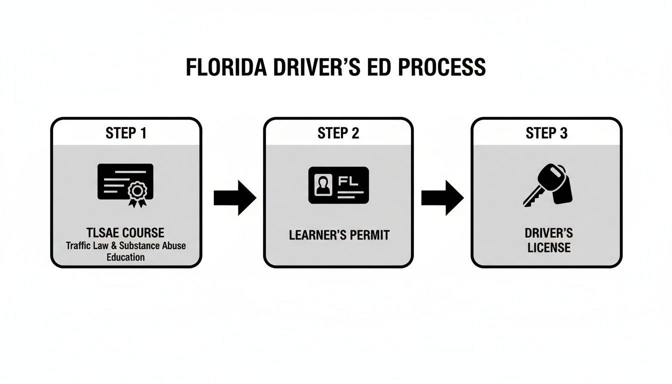 Three-step diagram showing Florida's driver's education process: TLSAE course, learner's permit, and driver's license.