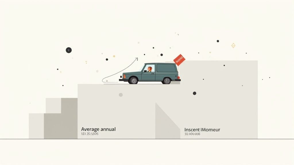 A green van with a driver climbs a bar graph, symbolizing financial progress and goal achievement.