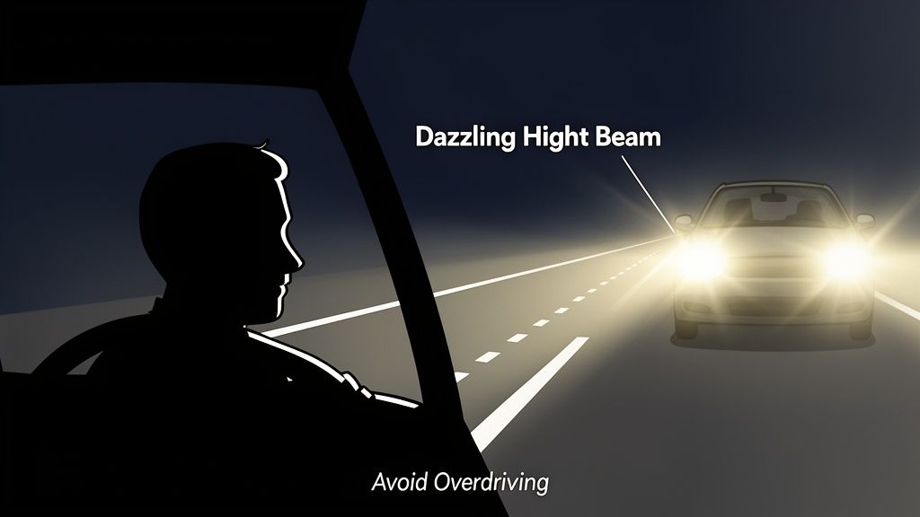 A driver's view at night, experiencing blinding glare from an oncoming car's dazzling high beam headlights.