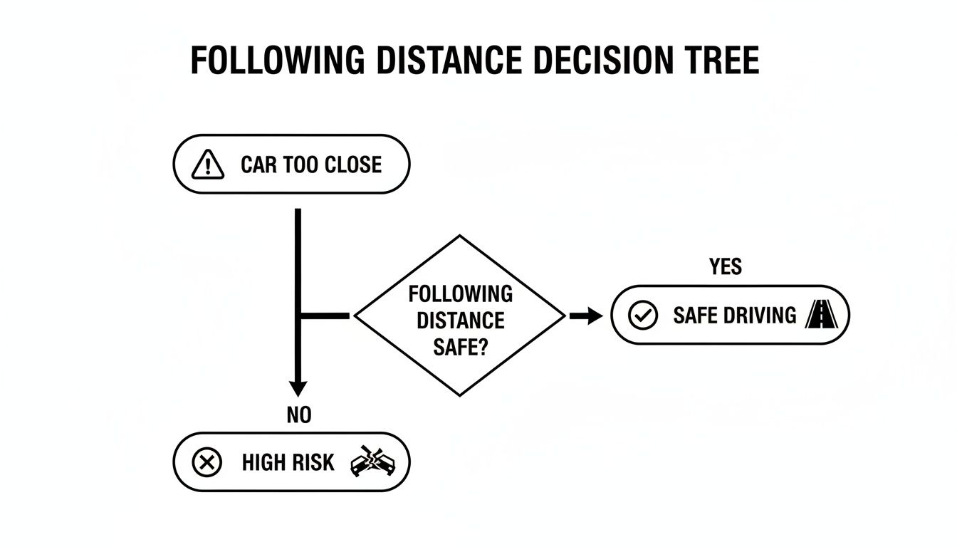 A decision tree flowchart explaining safe following distance while driving, showing outcomes for safe versus high-risk scenarios.