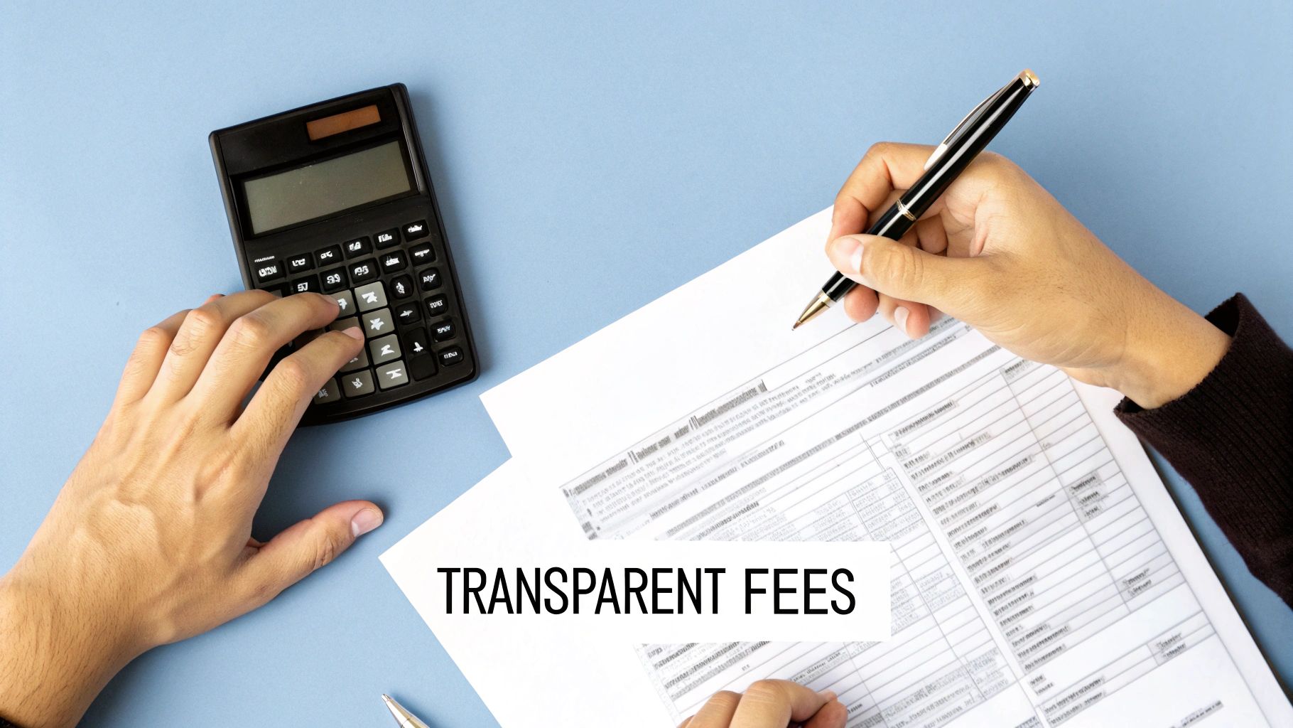 Hands using a calculator and pen on documents, emphasizing transparent fees for services.
