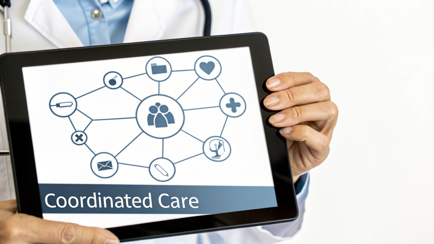 Doctor holding a tablet displaying a 'Coordinated Care' diagram with various health icons.