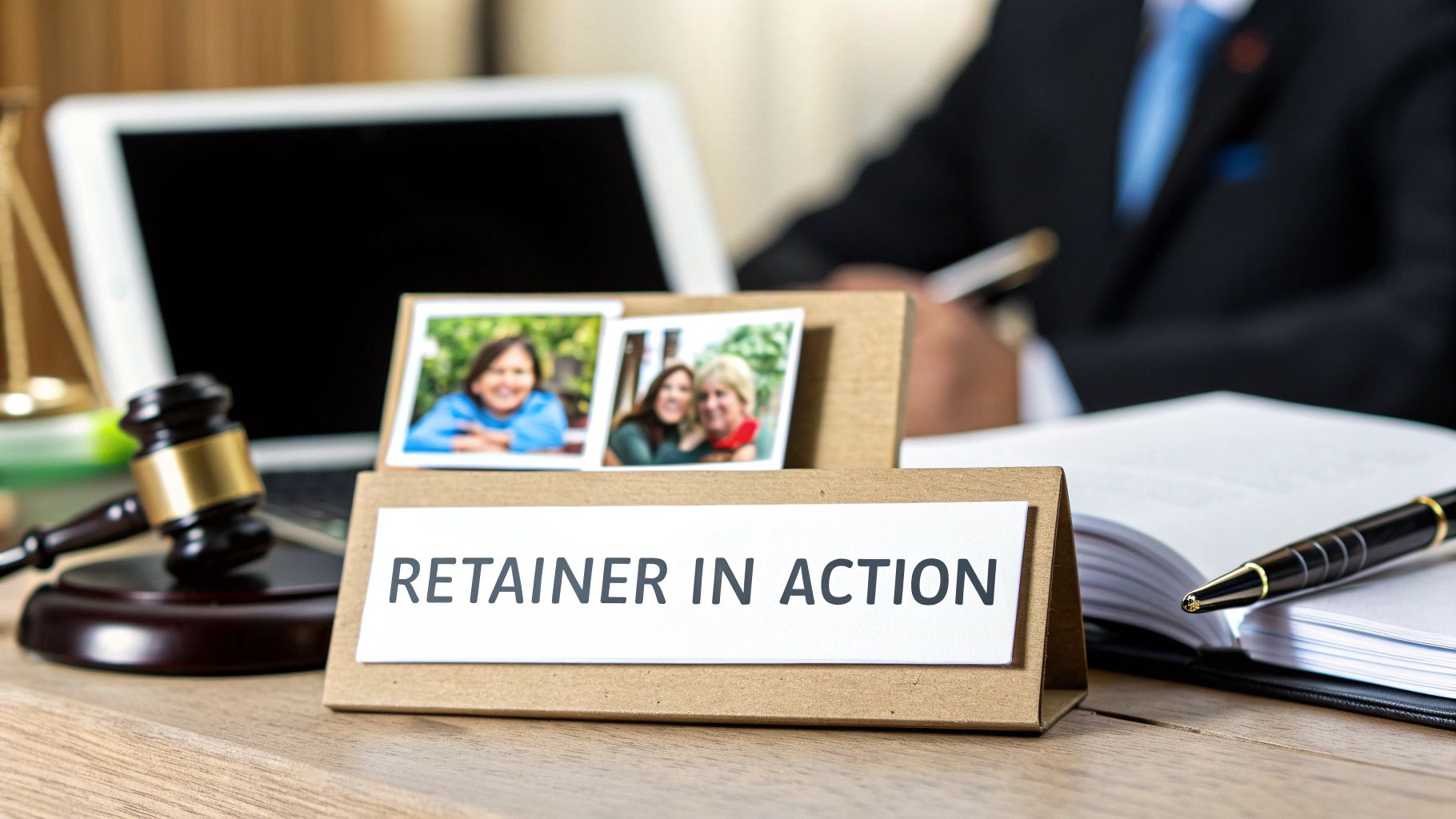 A lawyer's desk with a gavel, a sign saying 'RETAINER IN ACTION', and photos.