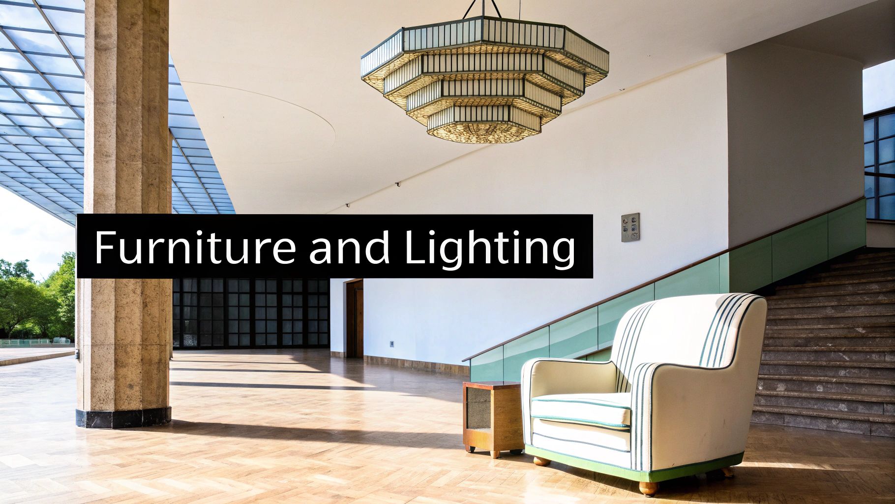 A spacious Art Deco interior featuring a grand chandelier, a striped armchair, and a staircase.