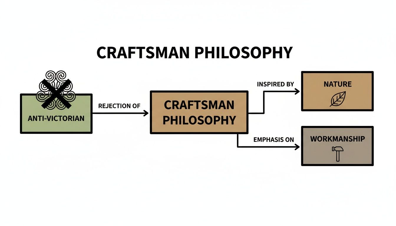 A diagram explaining Craftsman Philosophy as a rejection of Anti-Victorian style, emphasizing nature and workmanship.
