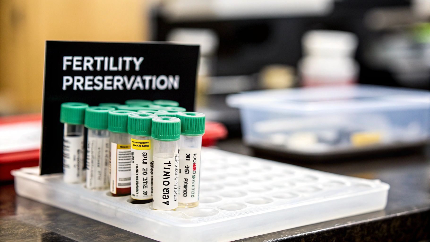 Test tubes with green caps in a rack under a 'Fertility Preservation' sign in a medical lab.