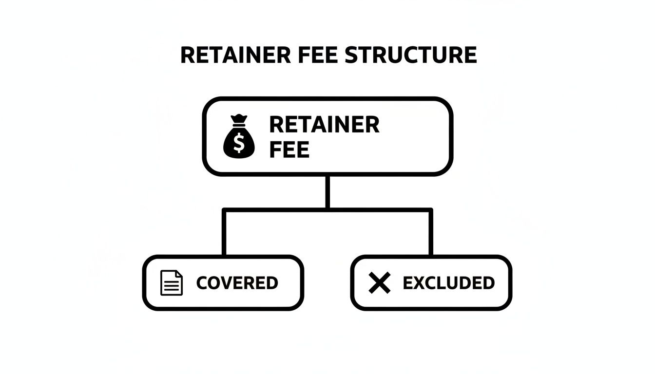 A diagram illustrates a retainer fee structure, categorizing services as covered or excluded.