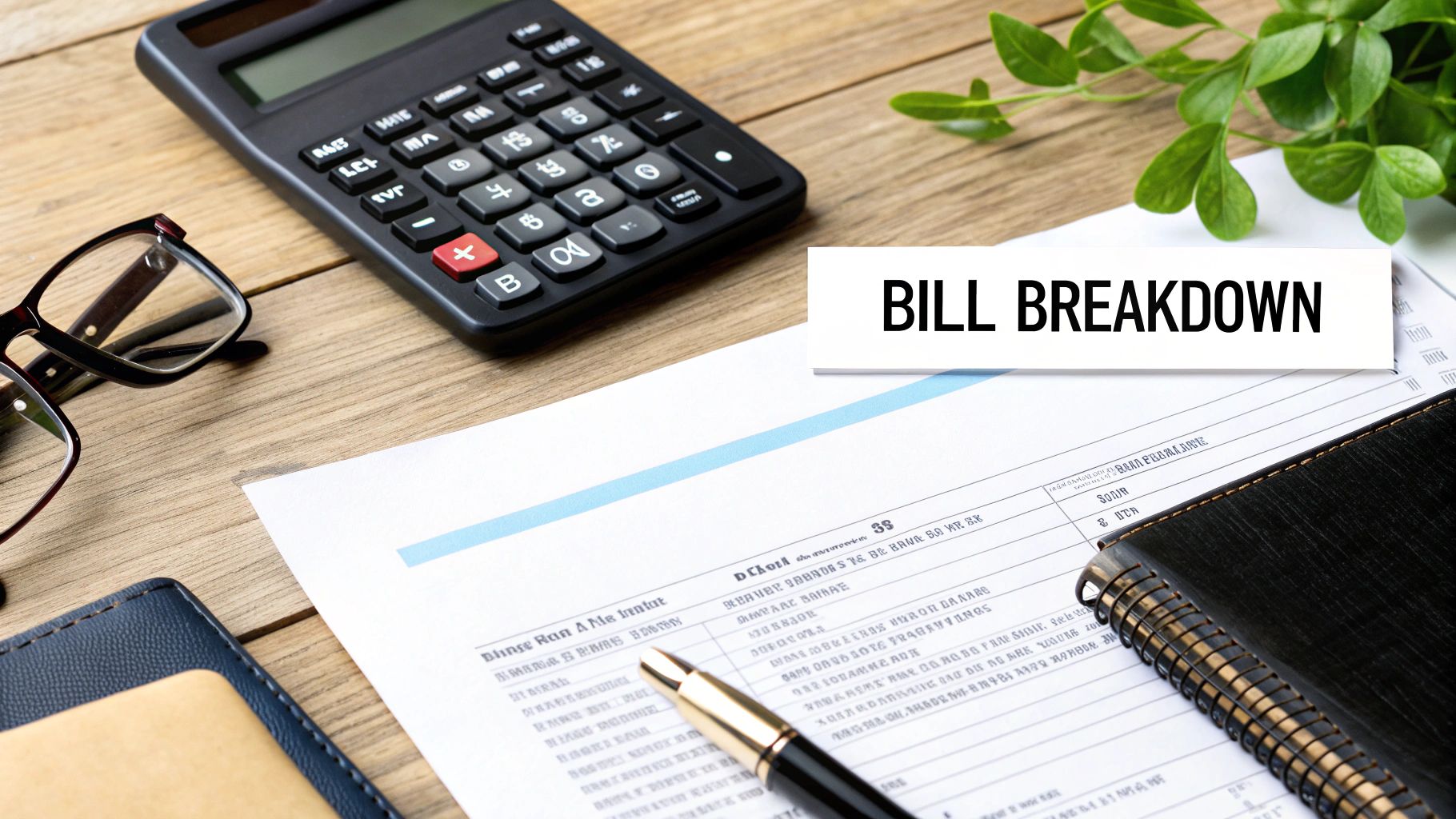 A desk with a calculator, glasses, a document, and a card labeled 'BILL BREAKDOWN'.