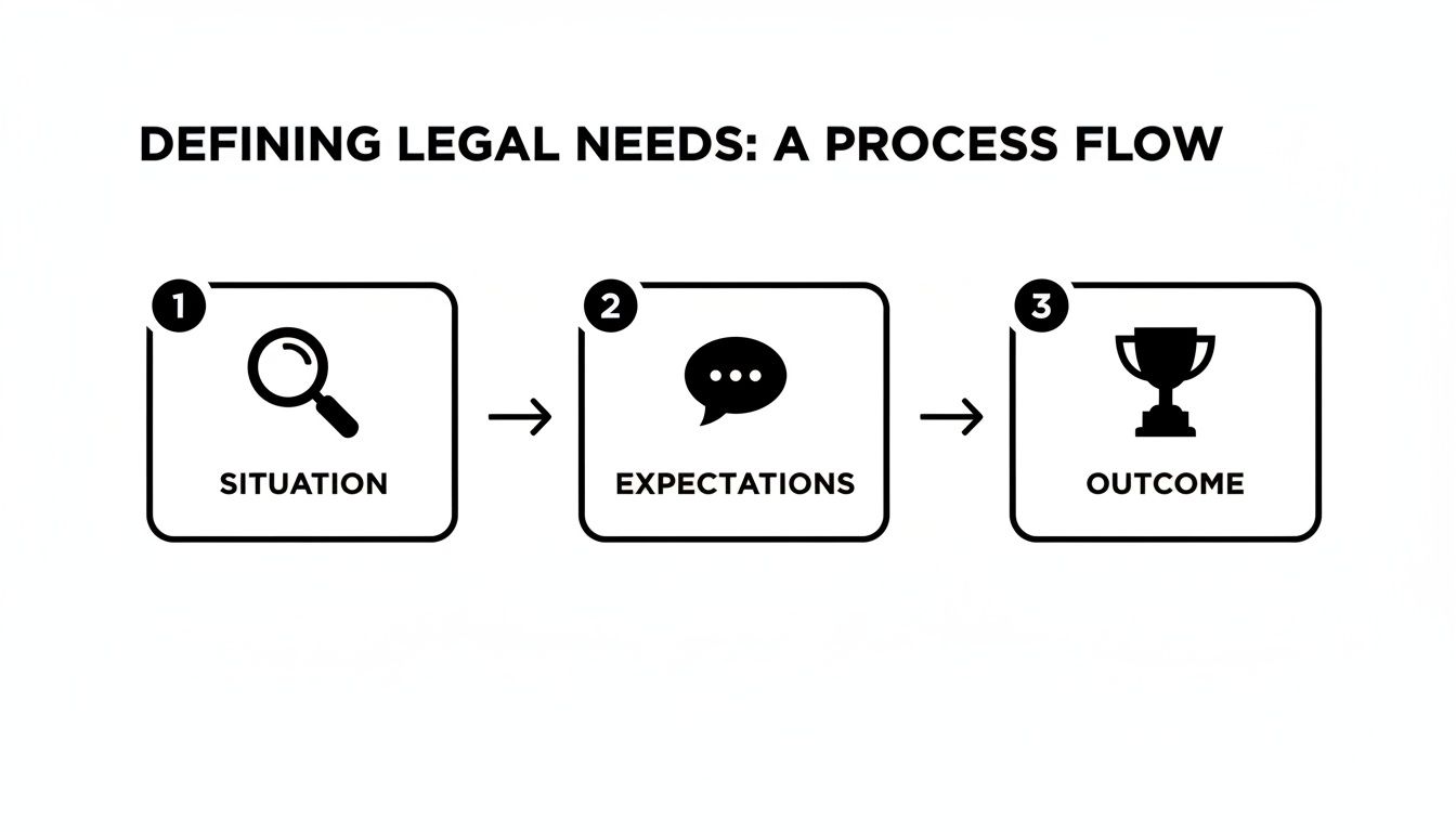 A clear process flow diagram illustrating three key steps for defining legal needs: Situation, Expectations, and Outcome.