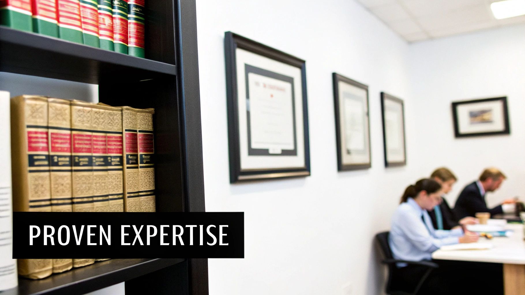 Legal books on a shelf with 'PROVEN EXPERTISE' overlay, and professionals working in an office.