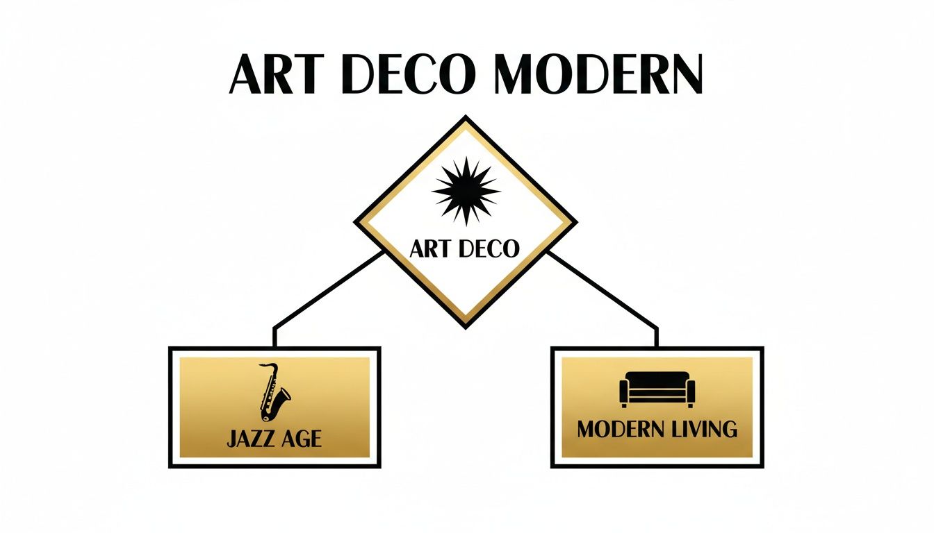A conceptual diagram illustrating 'ART DECO MODERN' breaking down into 'ART DECO', 'JAZZ AGE', and 'MODERN LIVING' themes.