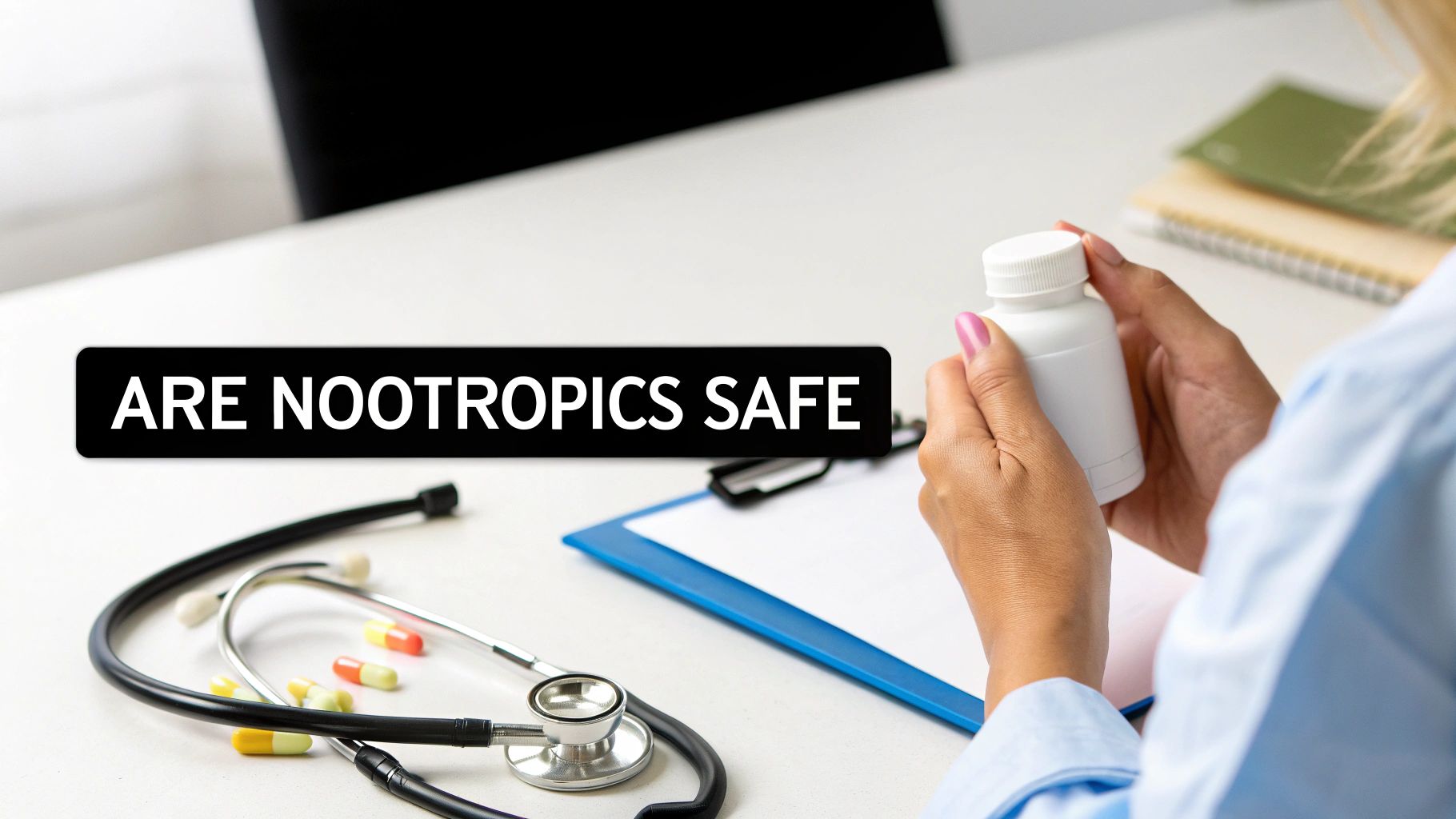 A doctor holds a pill bottle, questioning 'ARE NOOTROPICS SAFE' with a stethoscope and pills on the desk.