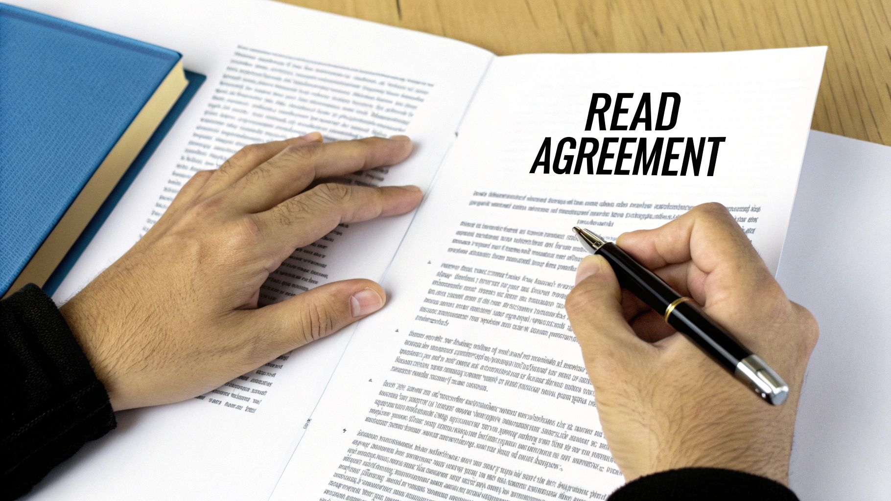 A person's hands holding a pen over a document titled 'Read Agreement', next to a blue book.