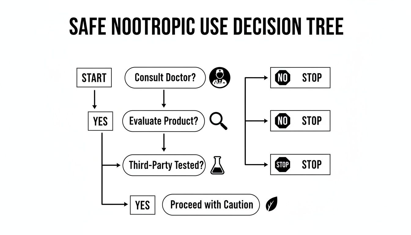 Decision tree flowchart guiding safe nootropic use, including doctor consultation, product evaluation, and third-party testing.
