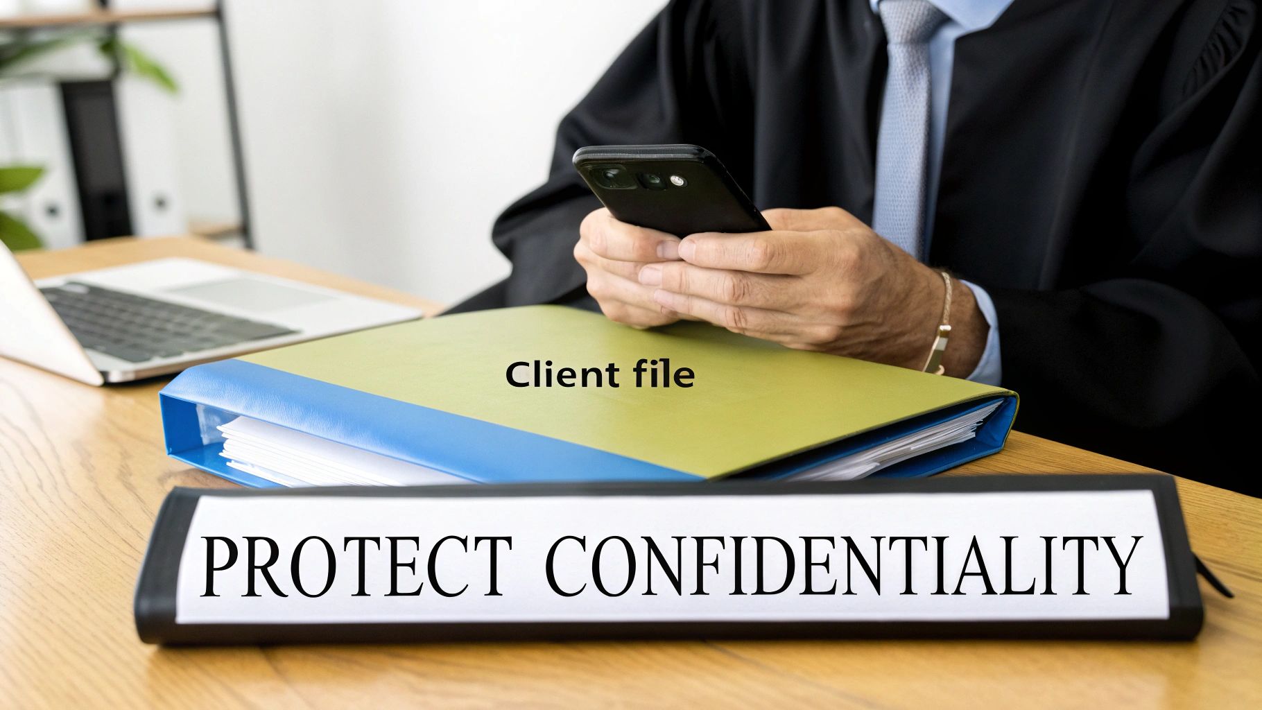 A lawyer reviews a client file with a smartphone, next to a 'PROTECT CONFIDENTIALITY' sign.