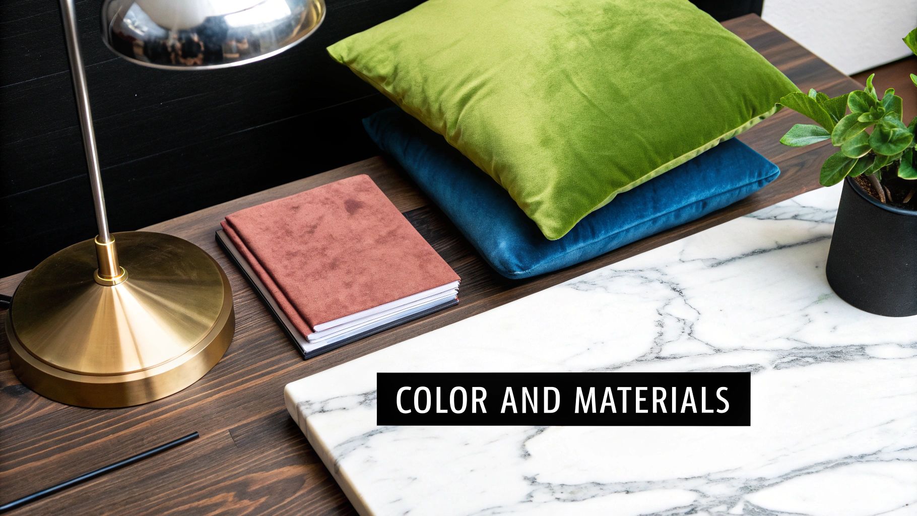 A stylish desk setup featuring a brass lamp, velvet cushions, a marble surface, and a wooden table.