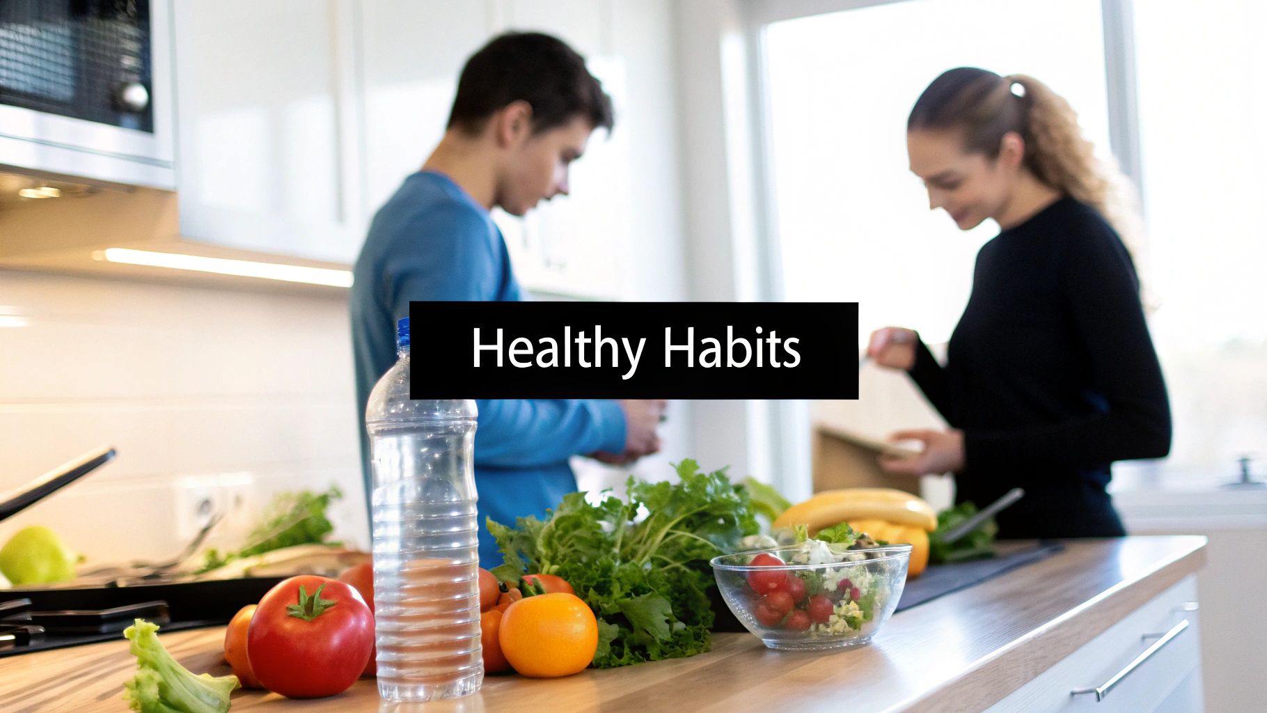 A couple cooking a healthy meal with fresh vegetables and water on a kitchen counter.