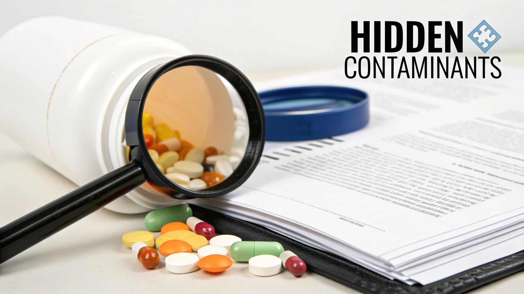 A magnifying glass inspecting various pills spilled from a bottle, next to documents about hidden contaminants.
