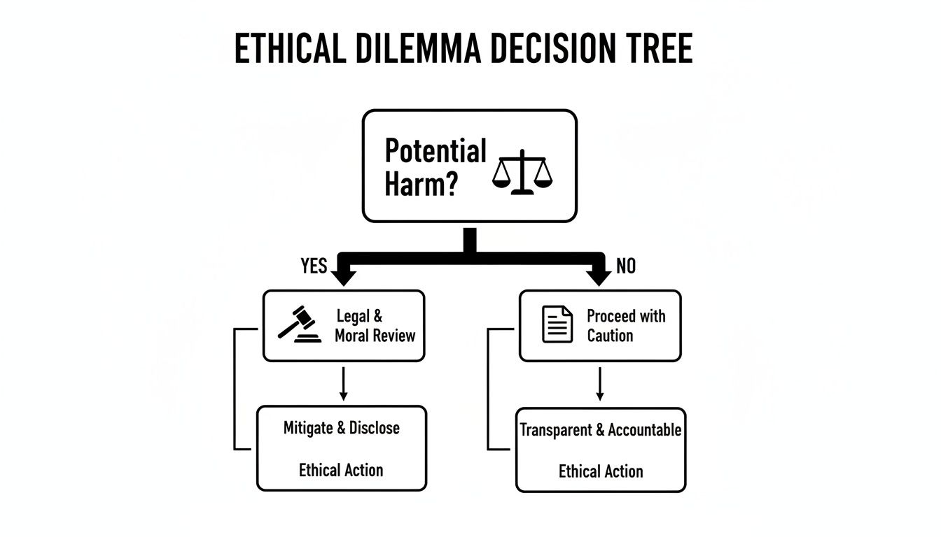 A flowchart illustrating an ethical dilemma decision tree, guiding actions based on potential harm.