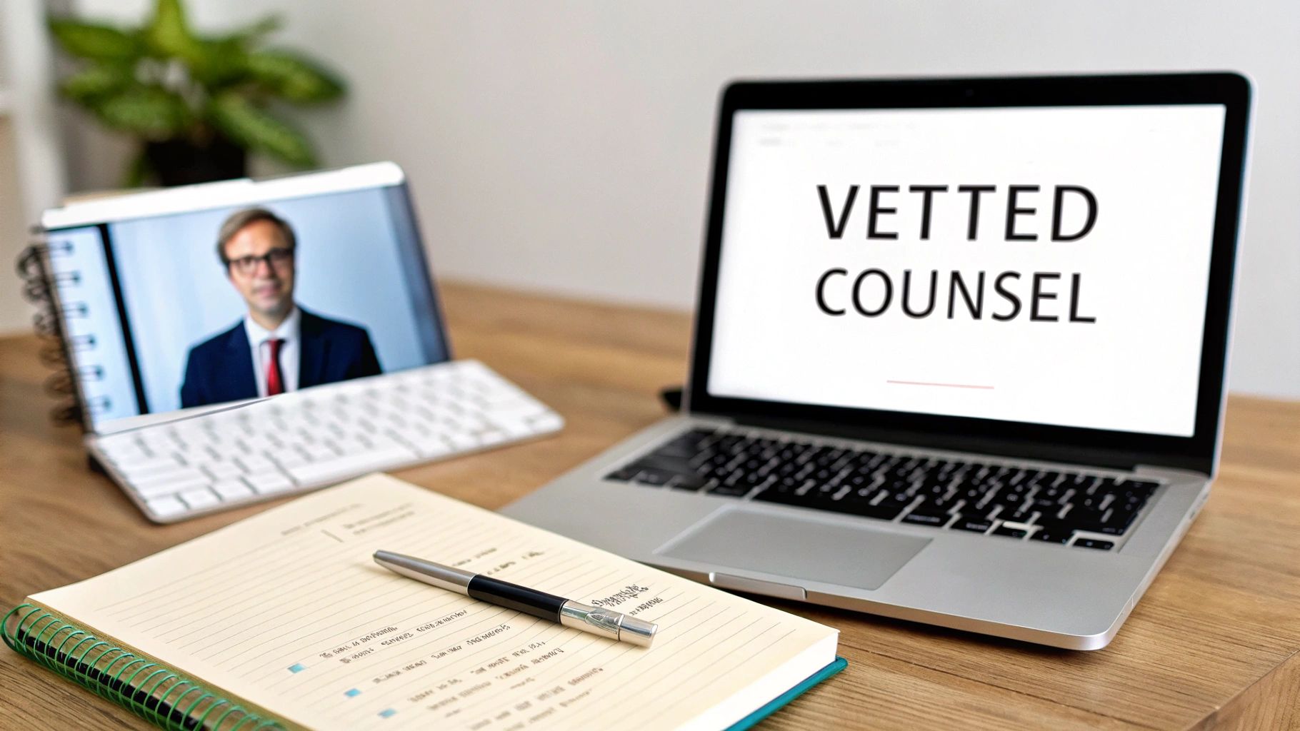 A desk with a tablet showing a man in a suit, a laptop displaying 'VETTED COUNSEL', and a notebook with a pen.