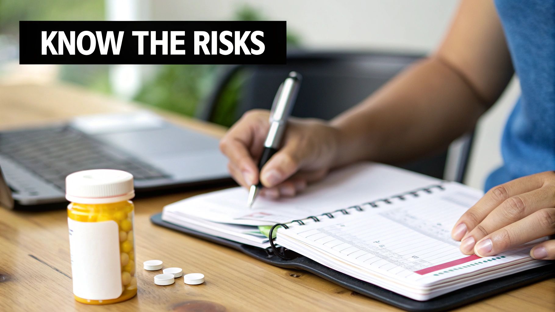 A person writes in a notebook beside a pill bottle and scattered white pills on a wooden desk with a laptop. A banner reads 'KNOW THE RISKS'.