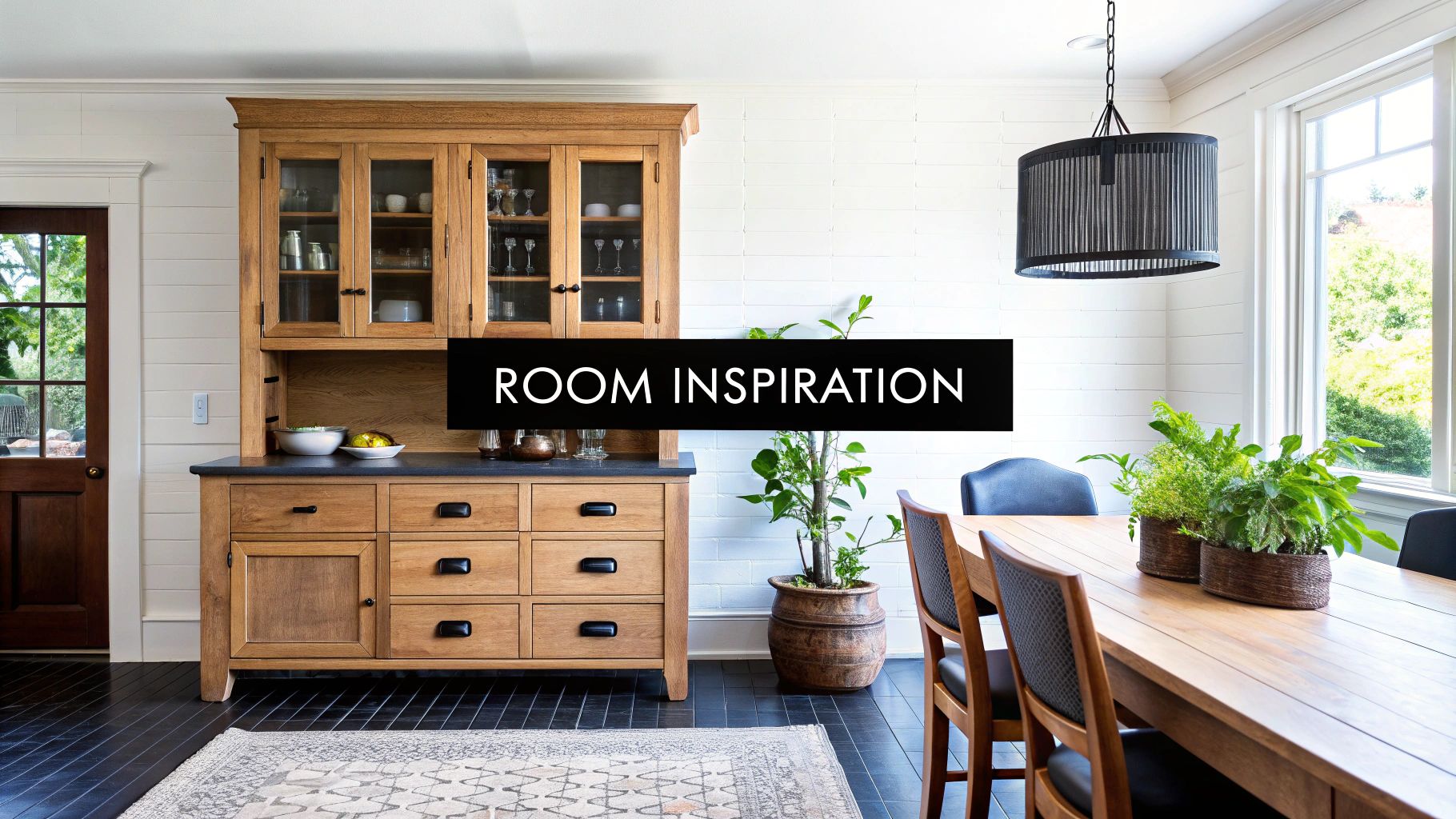 Cozy craftsman dining space features a wooden hutch, dark dining table, potted plants, and black pendant light.