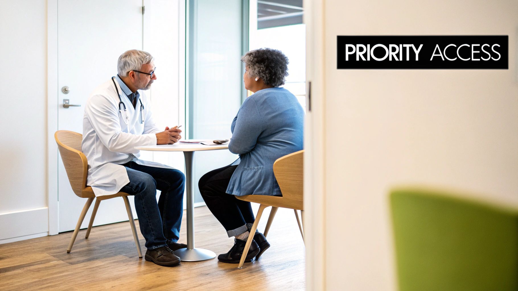 Doctor consults with a patient at a table in a modern clinic with a 'Priority Access' sign.