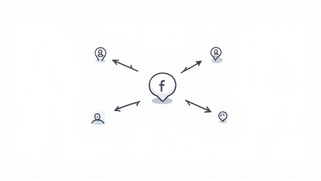 A graphic showing the Facebook logo connected to other social media icons, symbolizing crossposting across platforms.