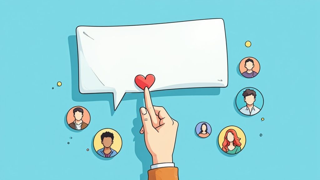 Two people engaging in a friendly conversation with speech bubbles above their heads, representing social media interaction.