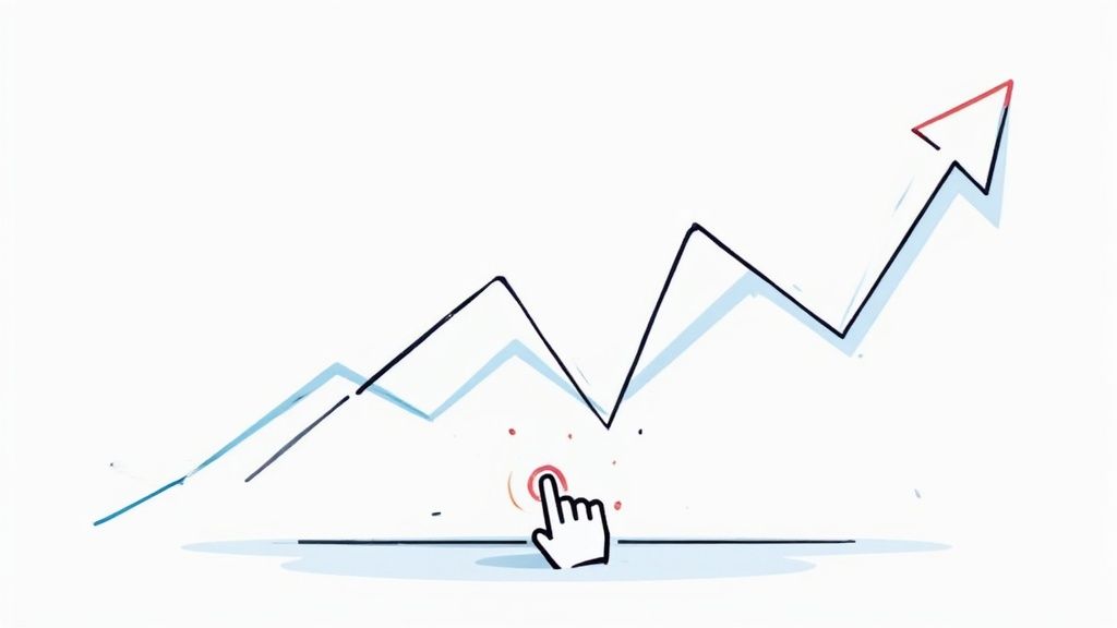 A finger pointing to a "click here" button, symbolizing Click-Through Rate (CTR).