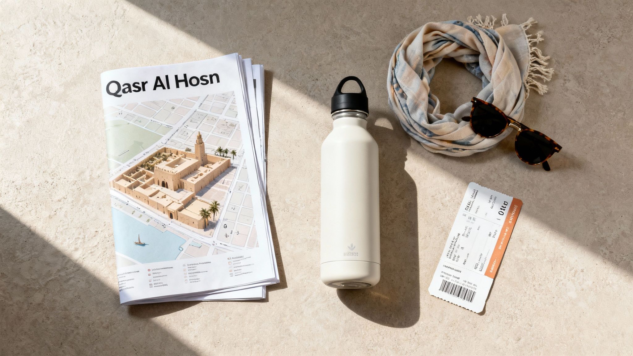 A wide aerial shot of the Qasr Al Hosn complex at night, illuminated against the city backdrop.