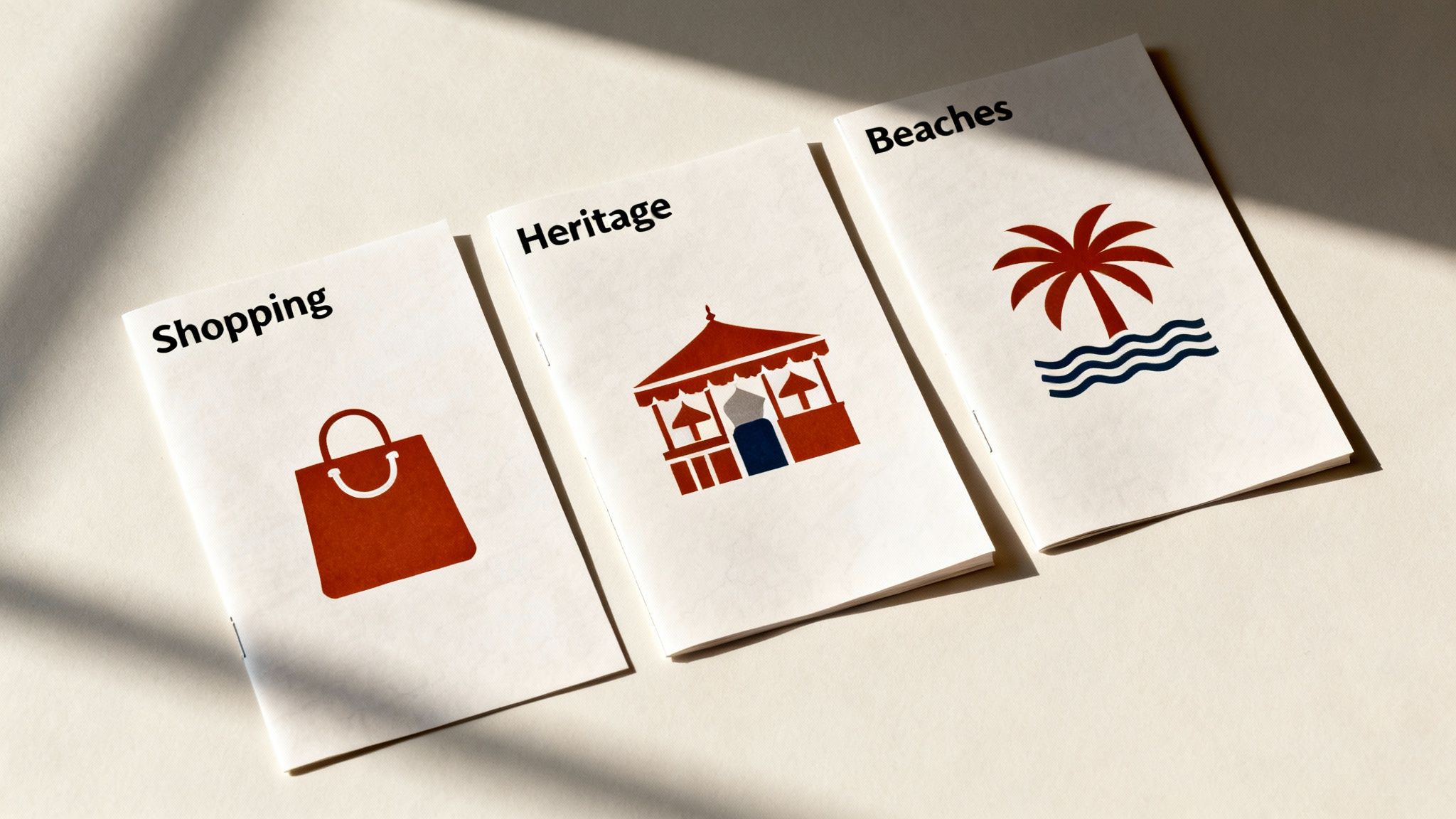 Three white travel brochures showing shopping bag, heritage building, and beaches palm tree icons for Dubai tourism