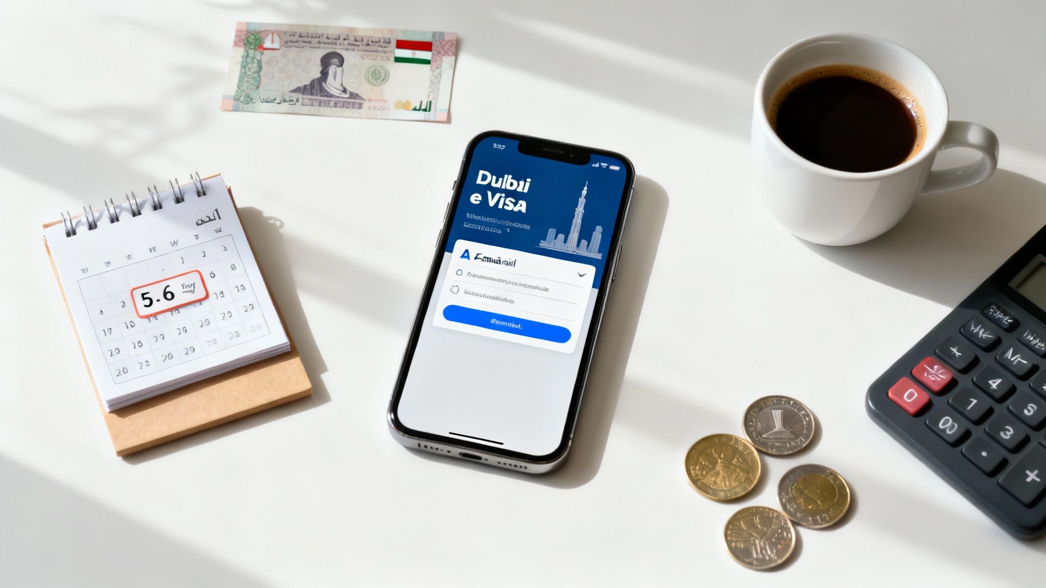 Dubai e-visa application on smartphone with calendar, currency notes, coins, and calculator on desk