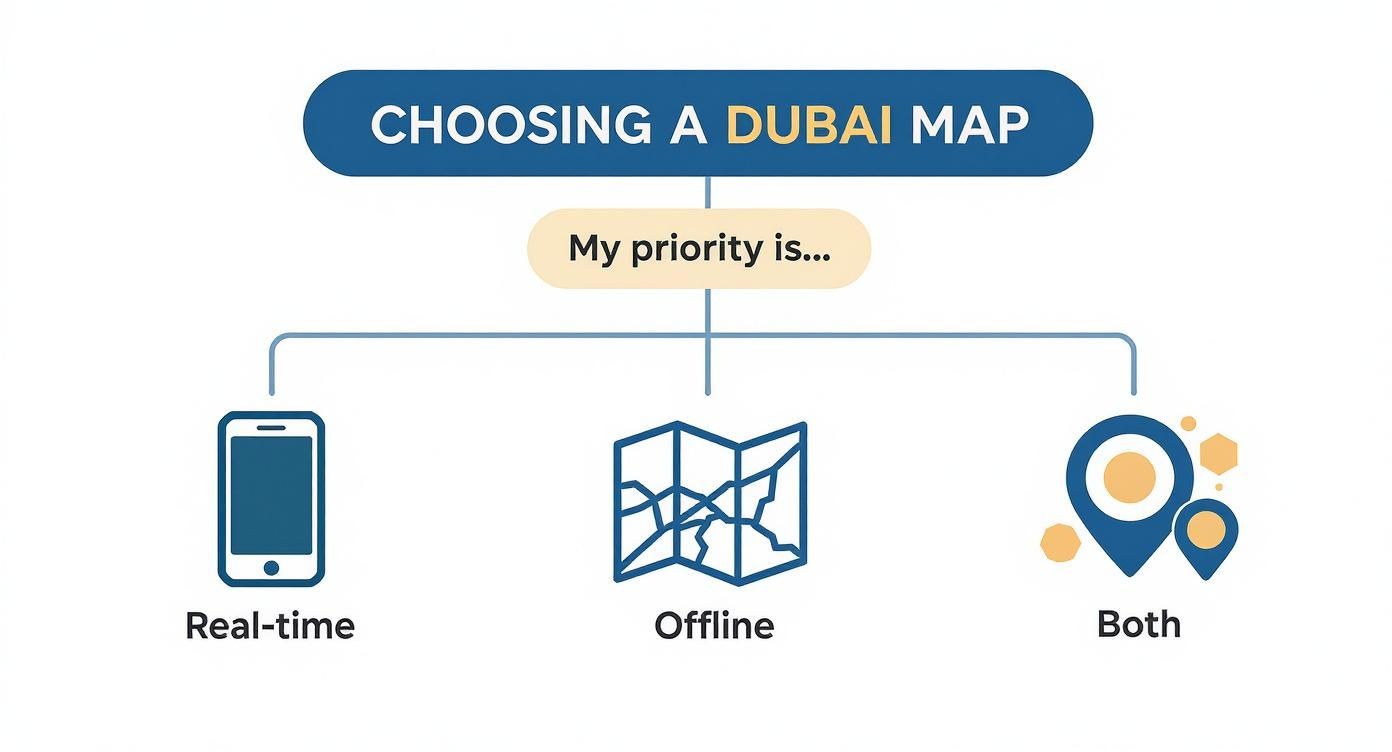 Decision flowchart showing three options for choosing Dubai maps: real-time, offline, or both capabilities