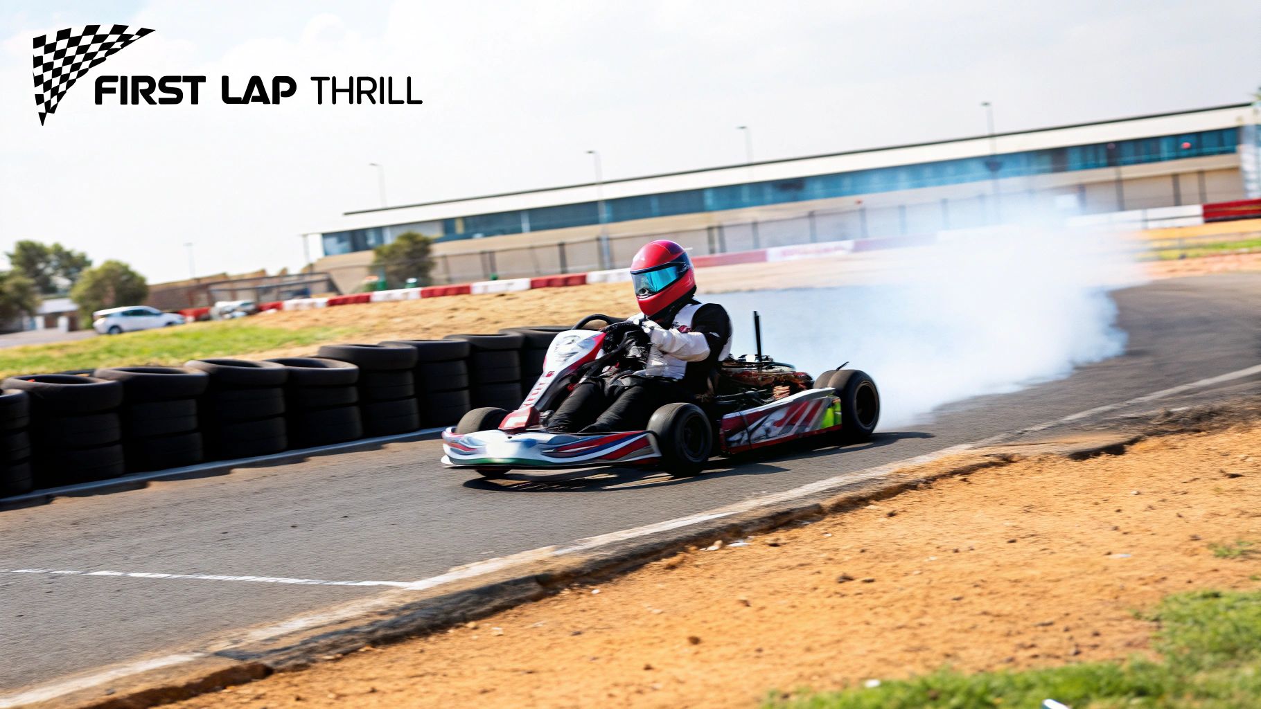 A go-kart speeding around a corner on the Yas Kartzone track at dusk, with the track lights illuminating the scene.
