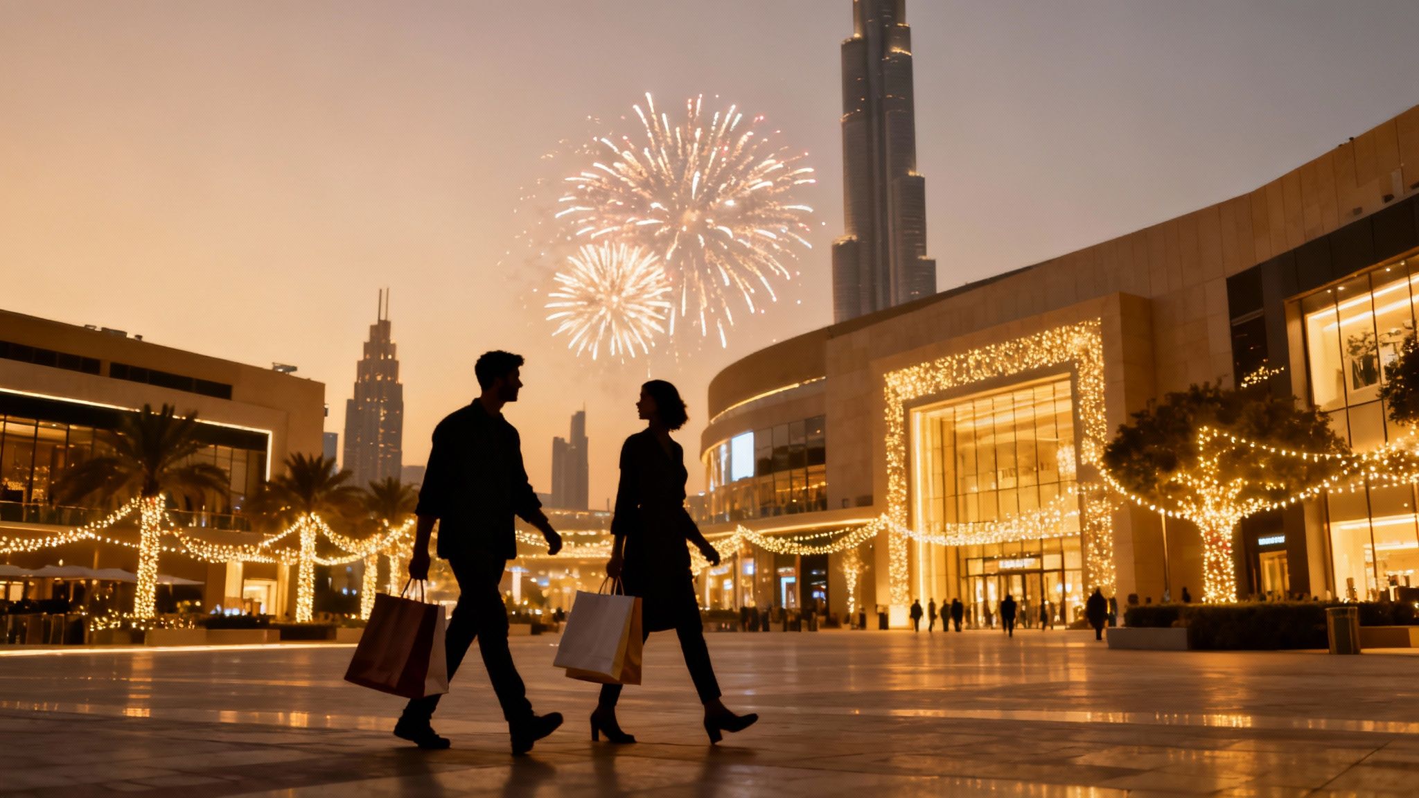 Couple shopping with fireworks at Dubai Mall during evening festival celebration with Burj Khalifa background