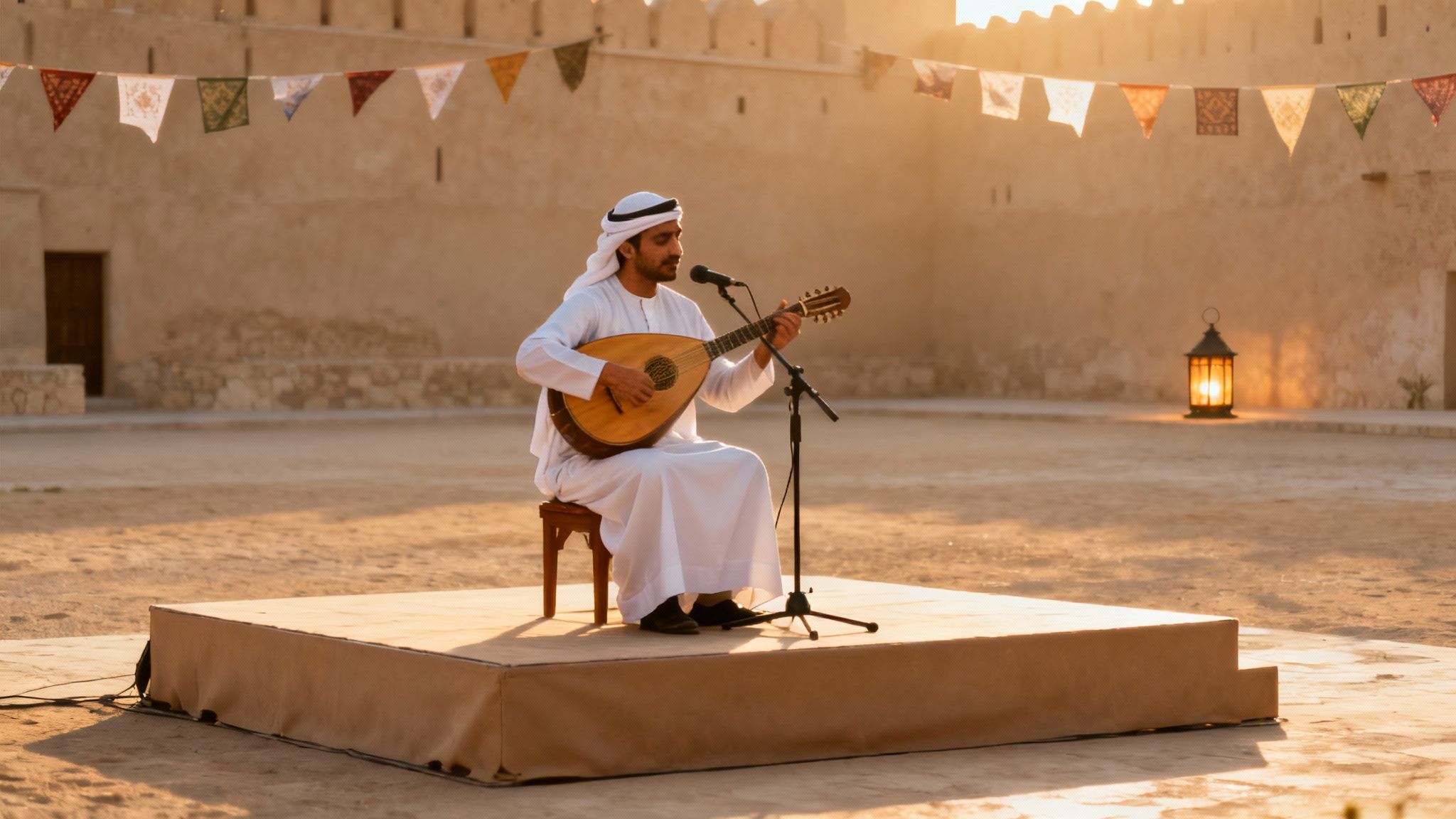 Woman in traditional Emirati clothing demonstrates weaving at Qasr Al Hosn