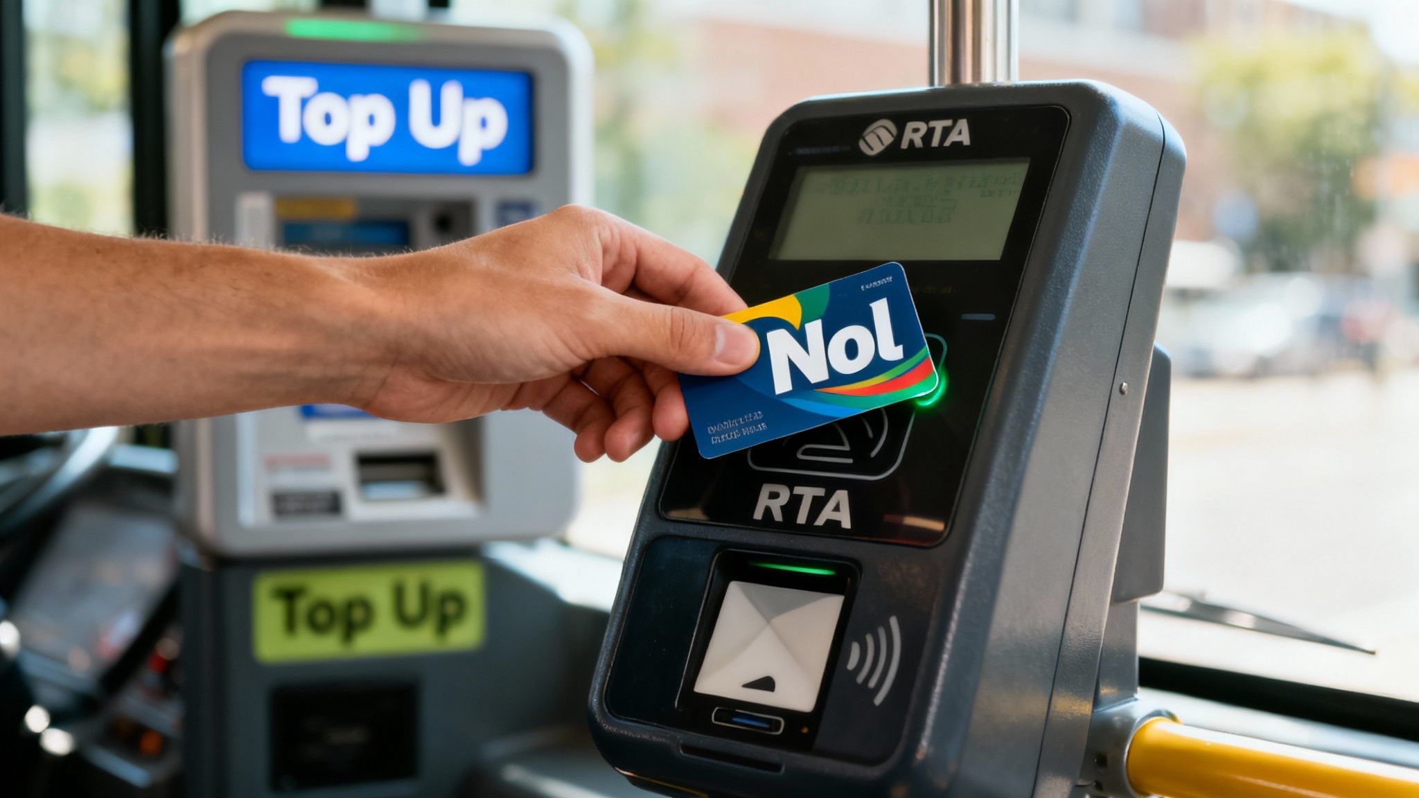 A person holding a Nol card up to a public transport card reader.