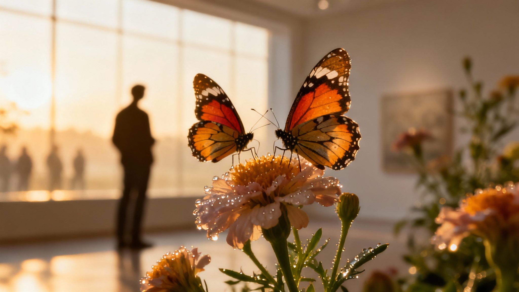 Two vibrant butterflies with dew drops on a flower, silhouetted people in a warm, bright background.