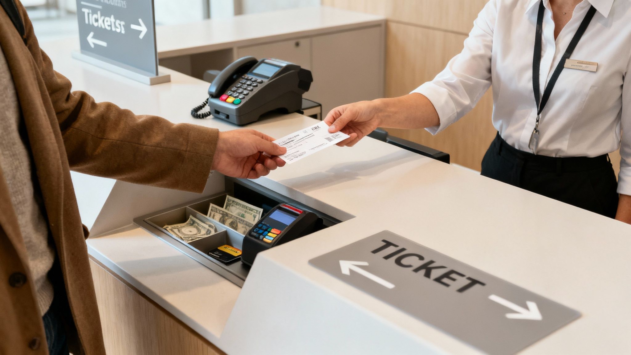 A person buying a ticket at an outdoor ticket counter with palm trees in the background.
