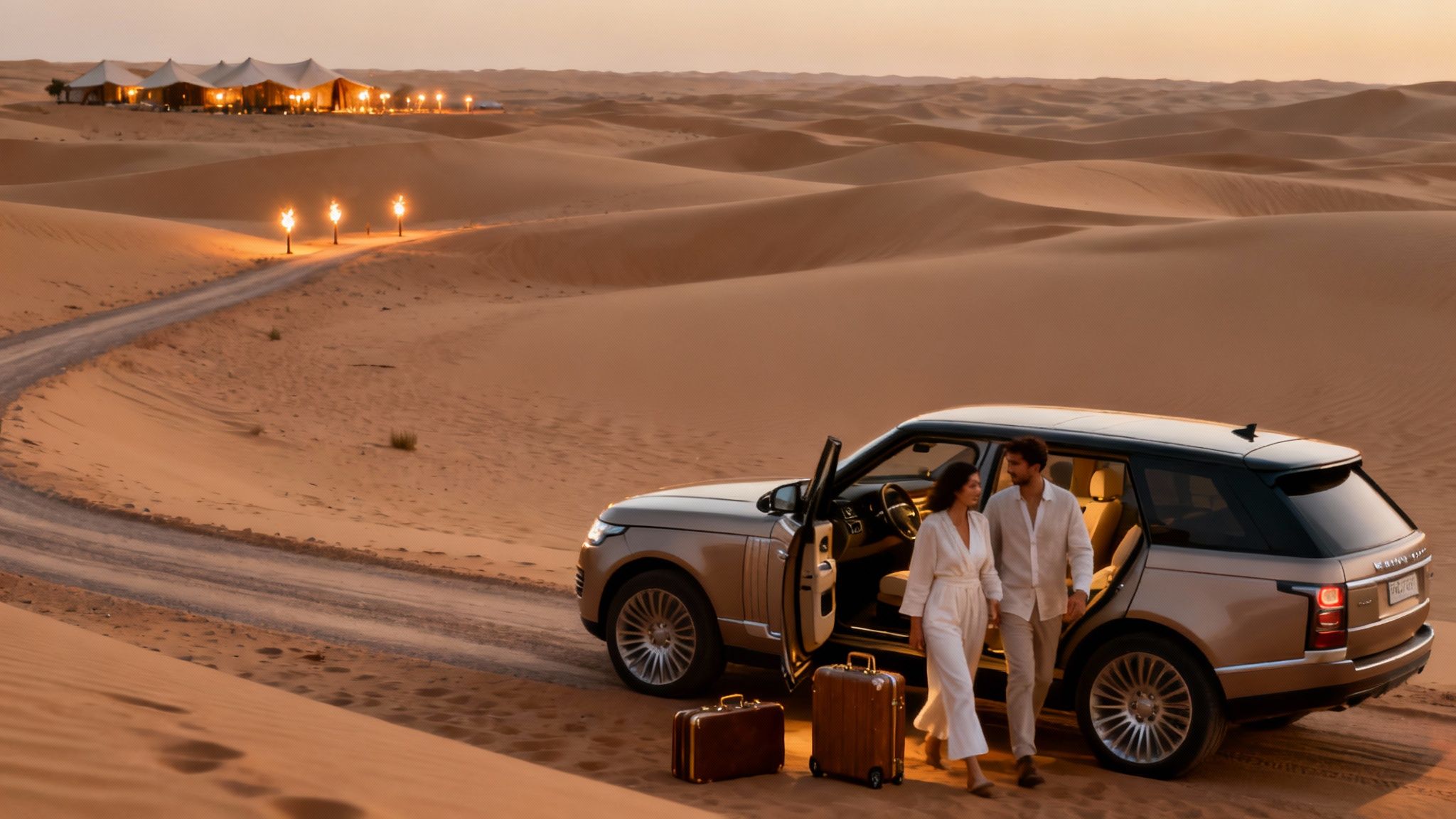 A vintage Land Rover parked on a golden sand dune during a luxury desert safari in Dubai.