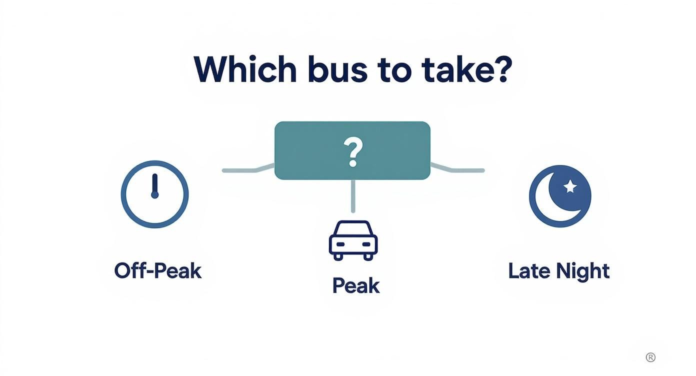 Infographic showing a decision tree for travel time, with branches for off-peak, peak, and late-night travel from Ibn Battuta bus station to Abu Dhabi airport.