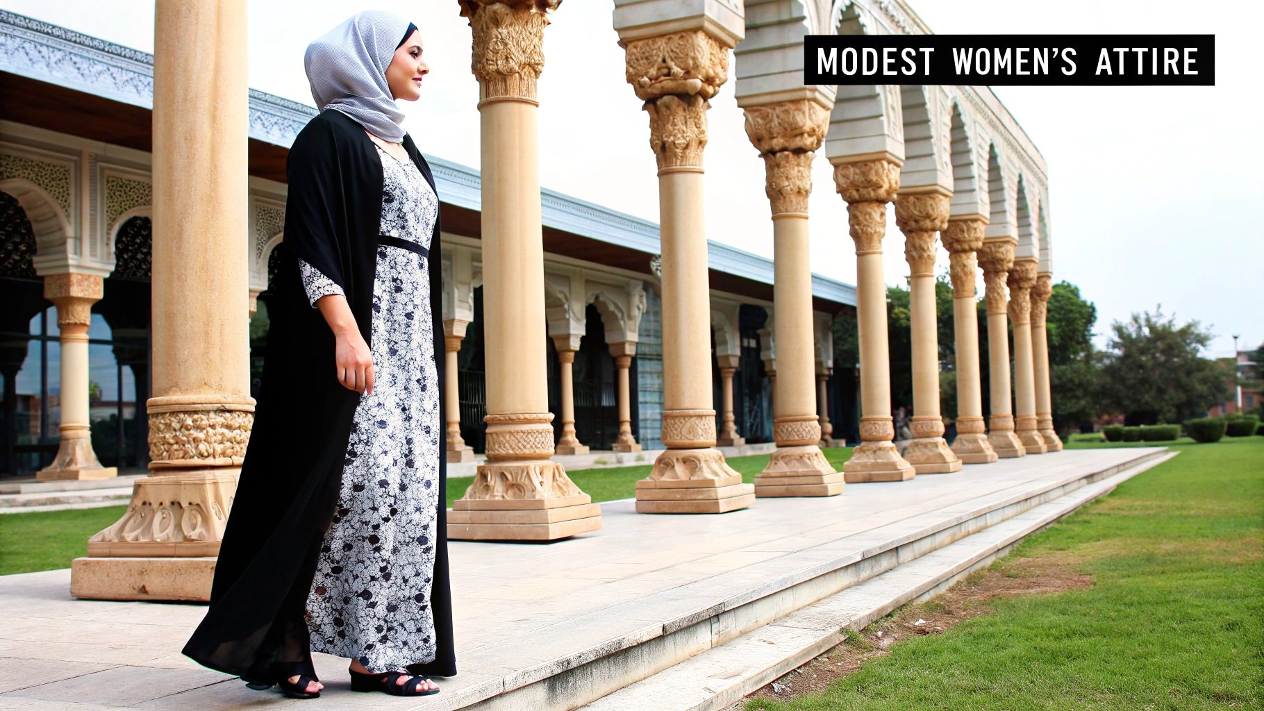 Woman wearing a respectful headscarf and abaya at the Sheikh Zayed Grand Mosque